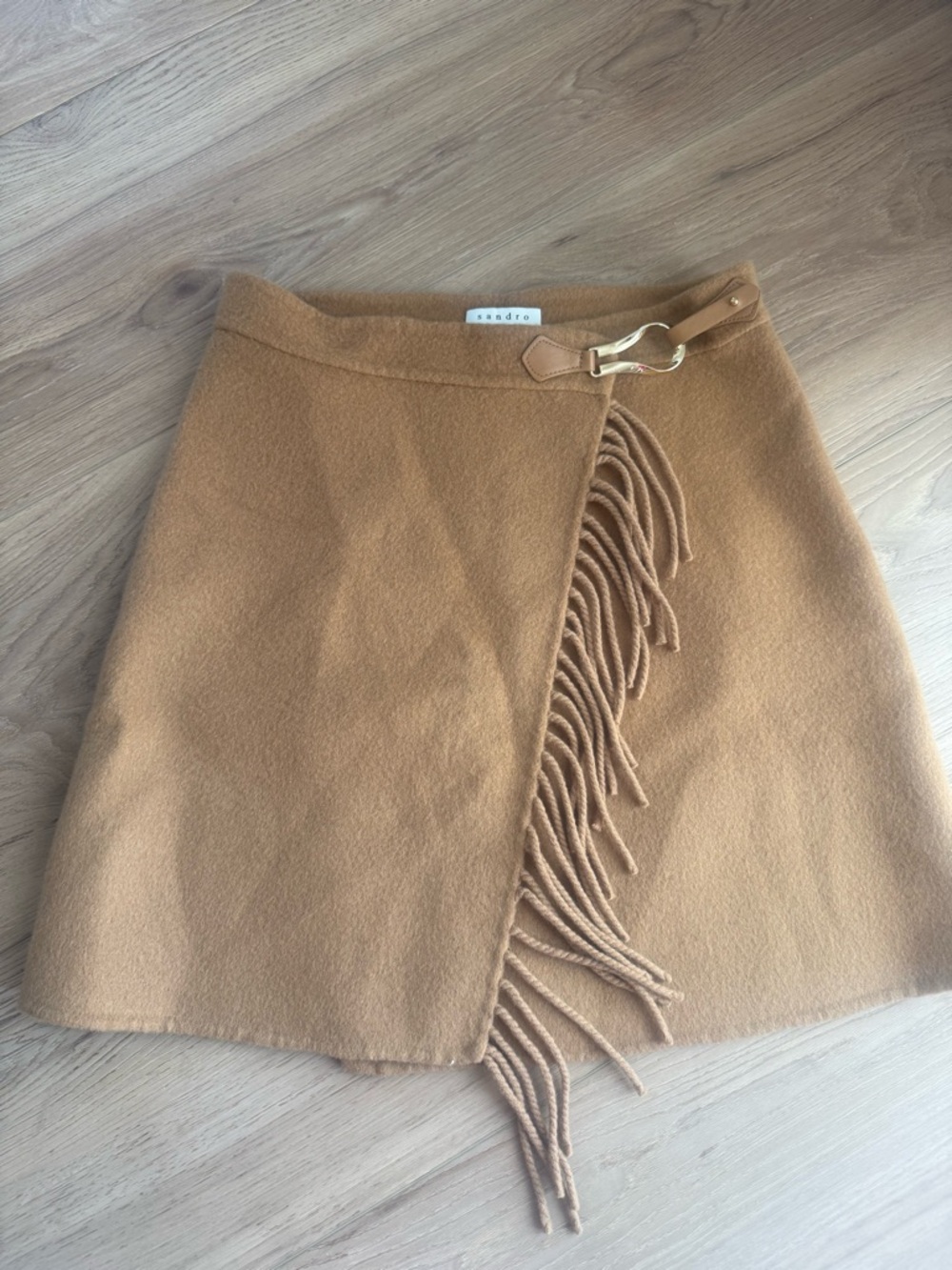 Sandro Camel Fringe Wrap Mini Skirt with Gold Buckle Accent